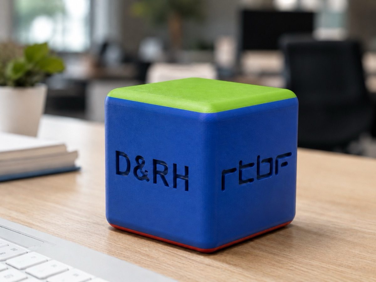 Cube objet de marque bicolore D&RH RTBF direction créative — WOAW Design