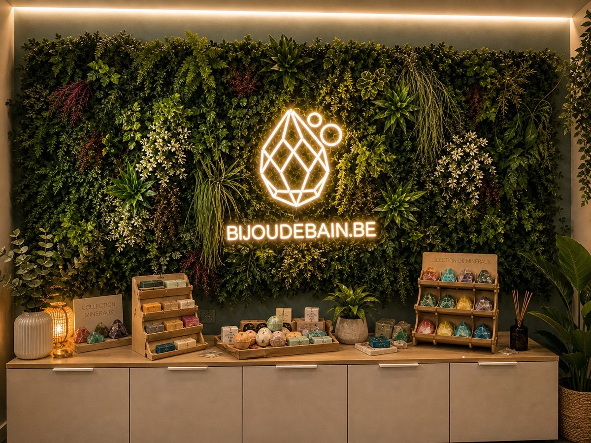 Néon LED logo Bijou de Bain intégré dans un mur végétal — WOAW Design Namur