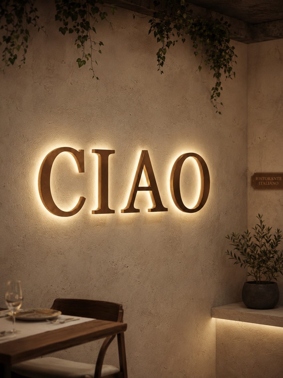 Lettres CIAO en bois rétroéclairées LED blanc chaud, restaurant italien — WOAW Light