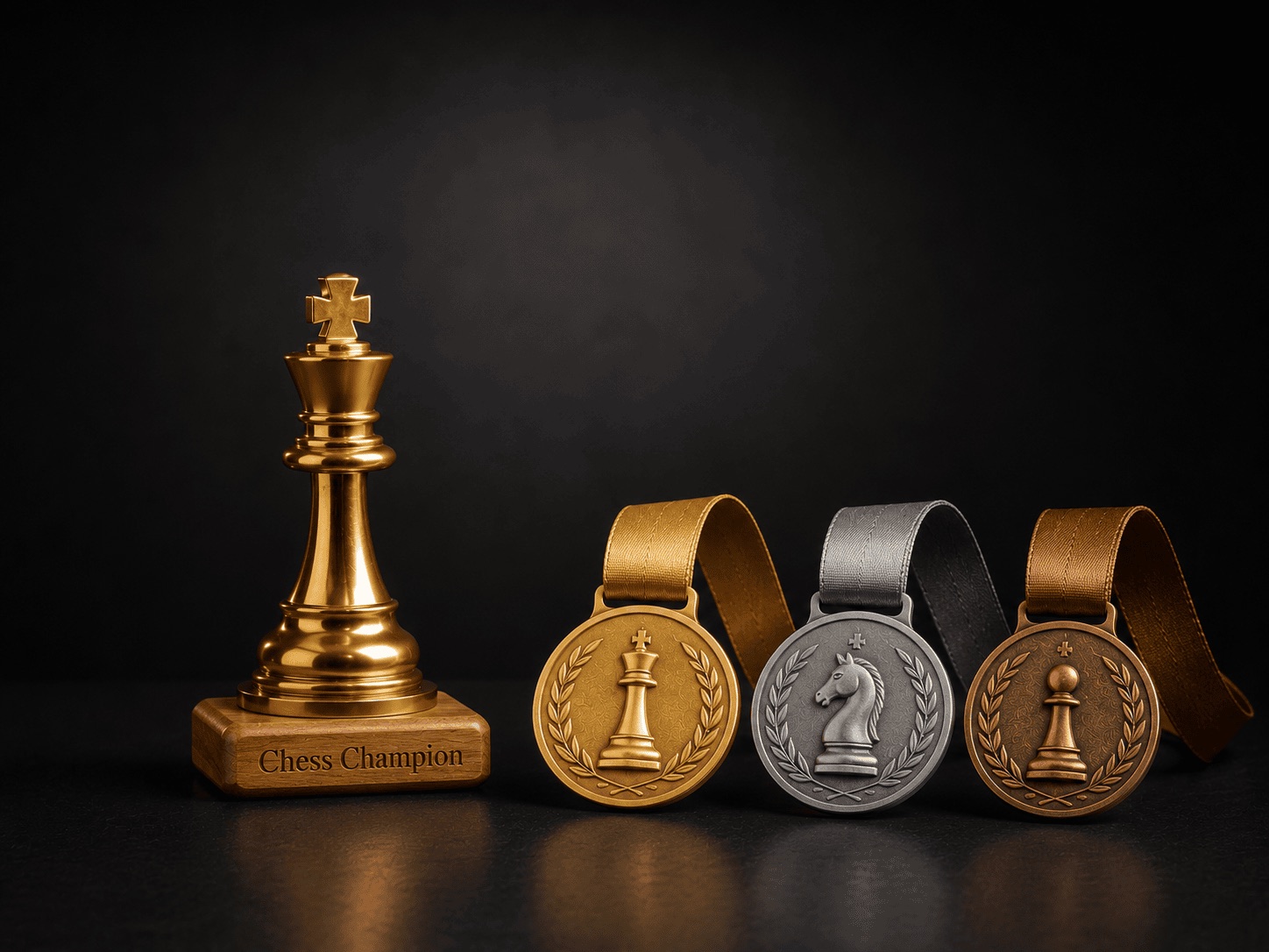Trophée roi des échecs doré et médailles personnalisées tournoi — WOAW Trophy